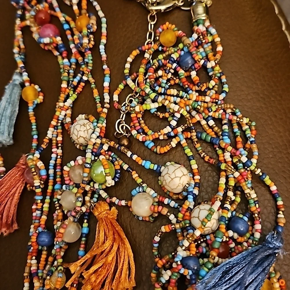 CHICO'S Hagen 9 Festive Rainbow Beaded Tassel Multi-strand Boho Fiesta Necklace